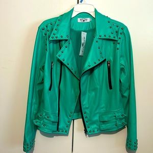 Crazy Train teal faux leather studded moto jacket